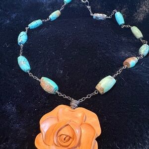 Turquoise and Brown Rose Pendant Necklace